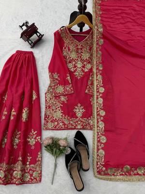Rani-pink silk blend thread embroidery palazzo set 1