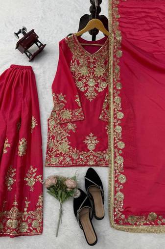 Rani-pink silk blend thread embroidery palazzo set