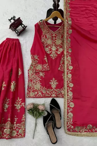 Rani-pink silk blend thread embroidery palazzo set