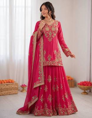 Rani-pink silk blend thread embroidery palazzo set 2