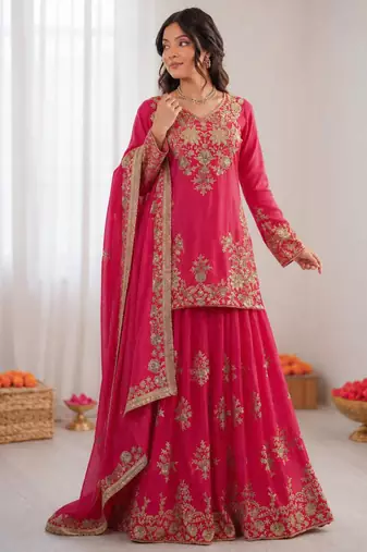 Rani-pink silk blend thread embroidery palazzo set