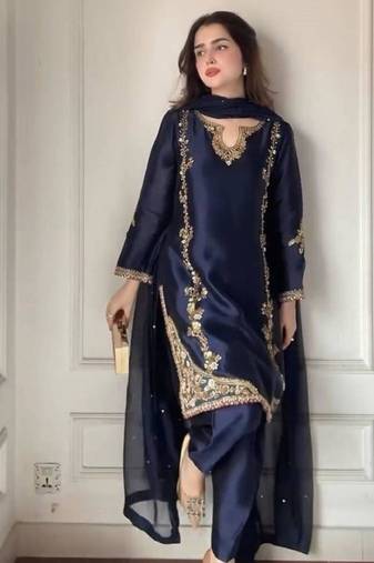 Dark-blue crepe embroidered palazzo set
