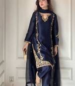 Dark-blue crepe embroidered palazzo set
