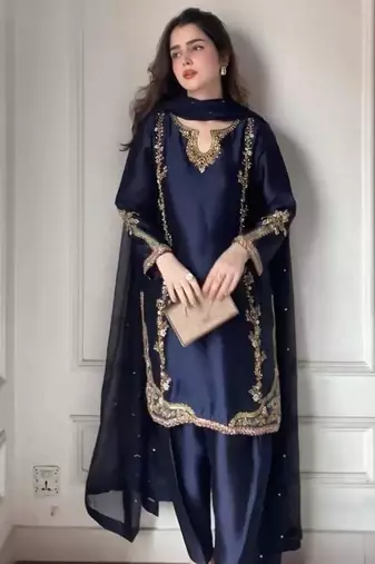 Dark-blue crepe embroidered palazzo set