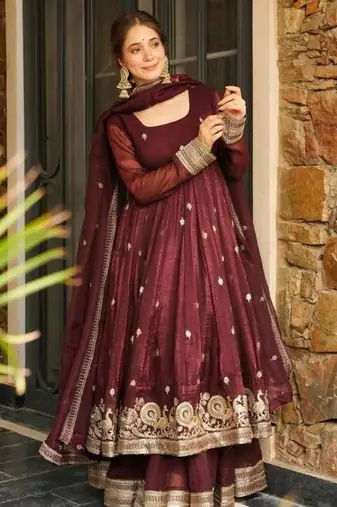 Dark-brown silk embroidered palazzo set
