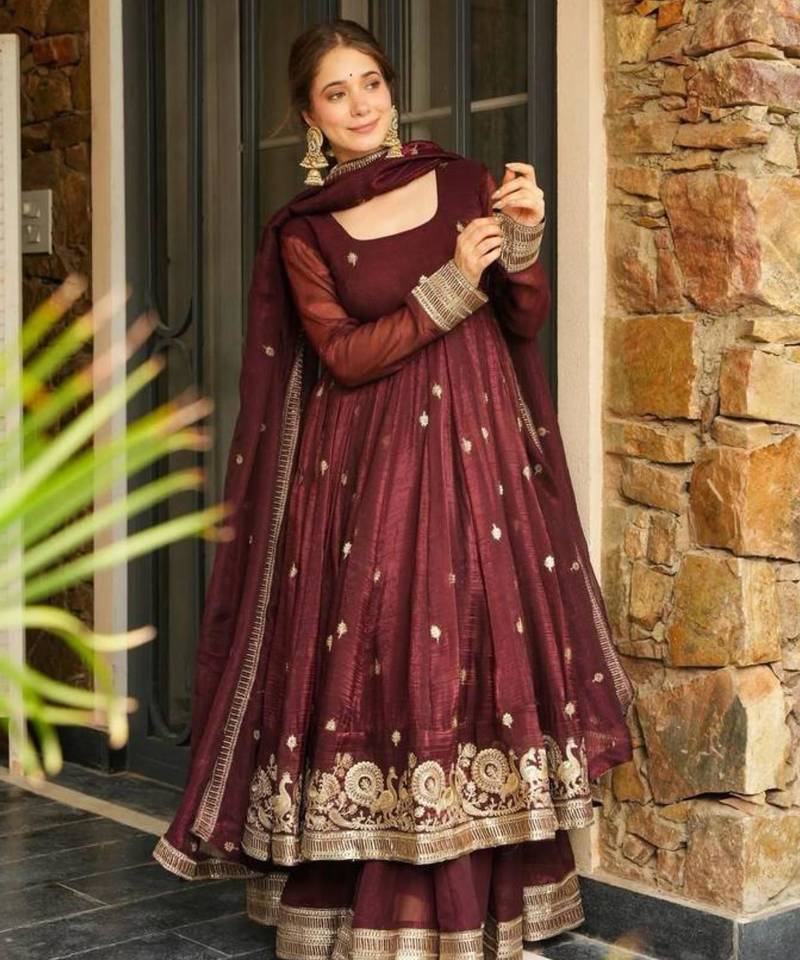 Dark-brown silk embroidered palazzo set
