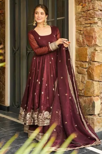 Dark-brown silk embroidered palazzo set