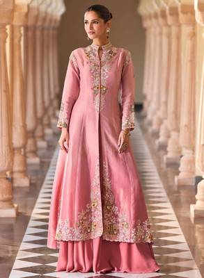 Baby-pink silk blend embroidered palazzo set 1