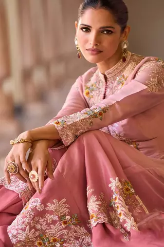 Baby-pink silk blend embroidered palazzo set