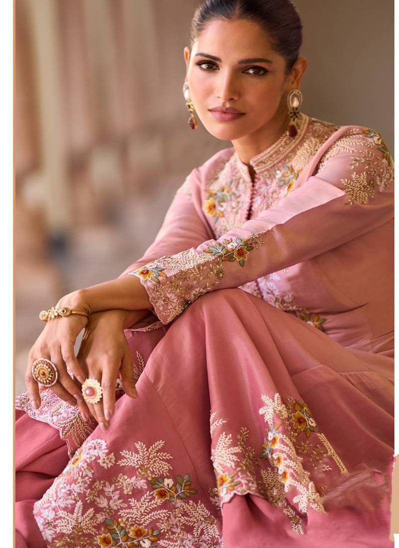 Baby-pink silk blend embroidered palazzo set