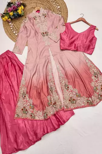 Baby-pink silk blend embroidered palazzo set