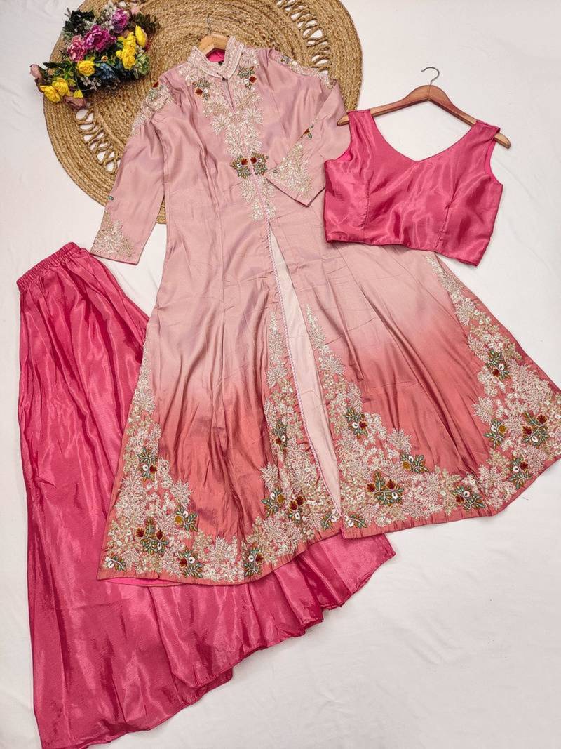 Baby-pink silk blend embroidered palazzo set