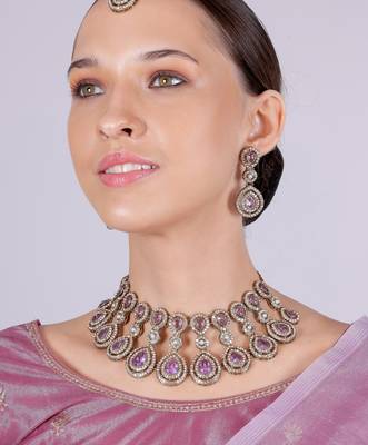 Purple yellow gold premium designer american diamond and stone work necklace set 1