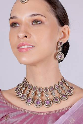 Purple yellow gold premium designer american diamond and stone work necklace set