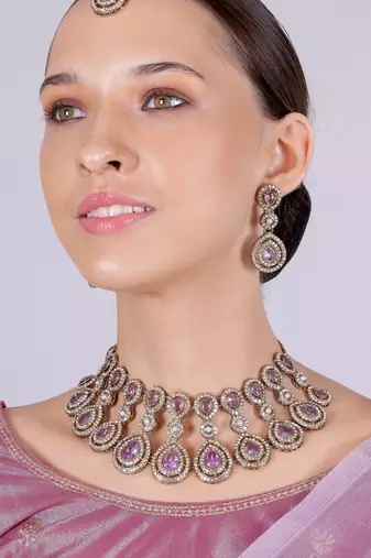 Purple yellow gold premium designer american diamond and stone work necklace set