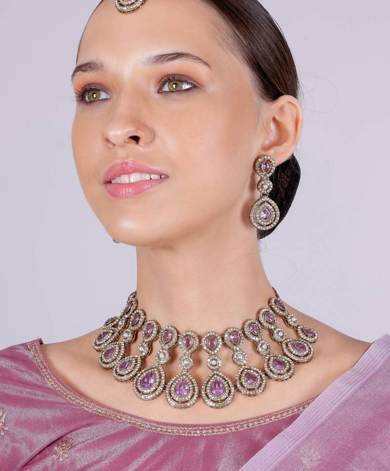 Purple yellow gold premium designer american diamond and stone work necklace set