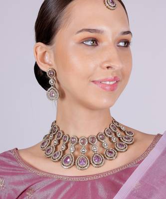 Purple yellow gold premium designer american diamond and stone work necklace set 2