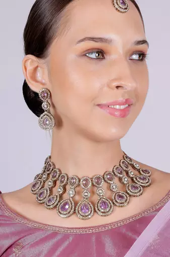 Purple yellow gold premium designer american diamond and stone work necklace set