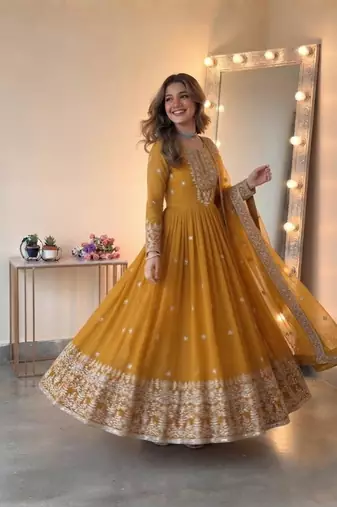Yellow georgette embroidered flared gown set
