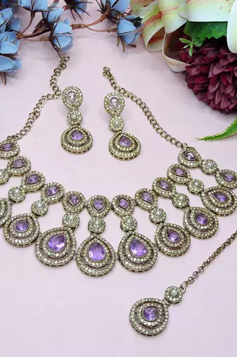 Purple yellow gold premium designer american diamond and stone work necklace set