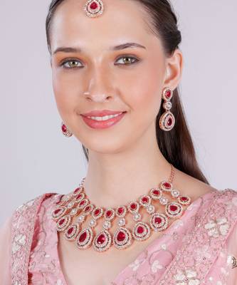 Pink rose gold premium designer american diamond and stone work necklace set 1