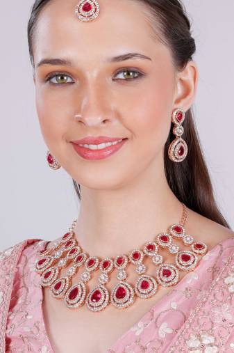 Pink rose gold premium designer american diamond and stone work necklace set