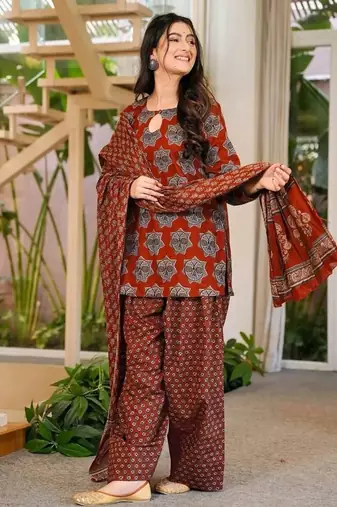Dark-red cotton printed farshi salwar set