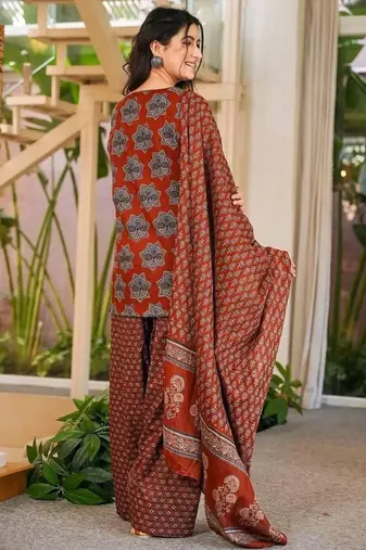 Dark-red cotton printed farshi salwar set