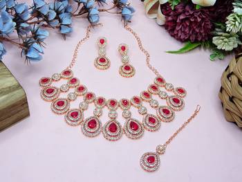 Pink rose gold premium designer american diamond and stone work necklace set 2