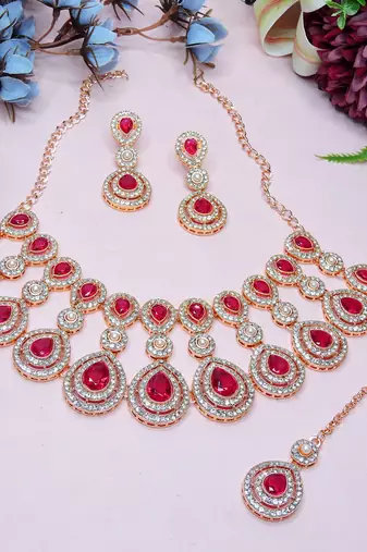 Pink rose gold premium designer american diamond and stone work necklace set