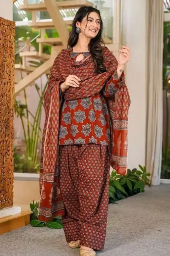 Dark-red cotton printed farshi salwar set