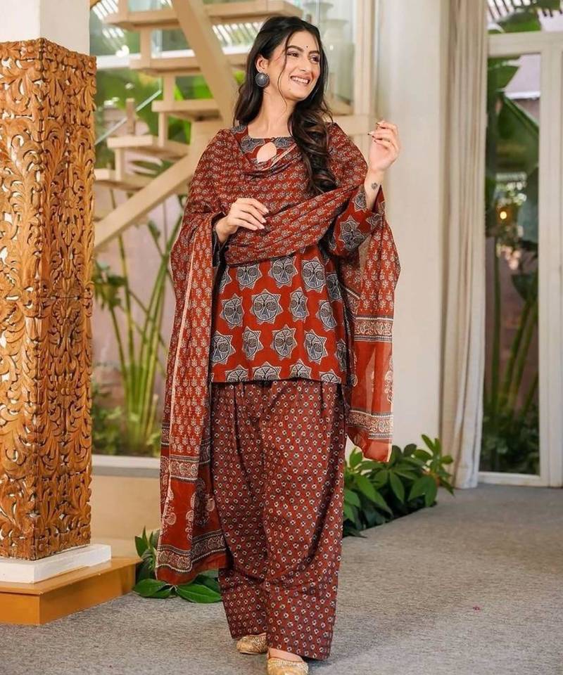 Dark-red cotton printed farshi salwar set