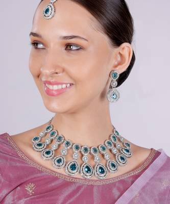 Green rhodium premium designer american diamond and stone work necklace set 1