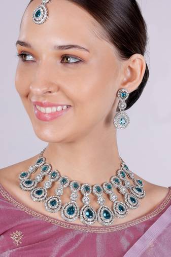 Green rhodium premium designer american diamond and stone work necklace set