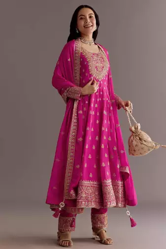 Pink silk embroidered farshi salwar set