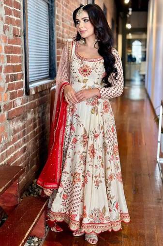Cream faux georgette digital print flared gown set