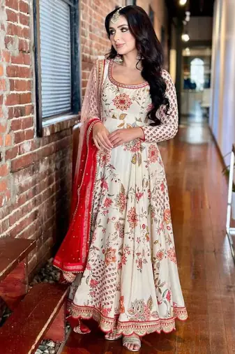 Cream faux georgette digital print flared gown set
