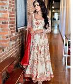 Cream faux georgette digital print flared gown set