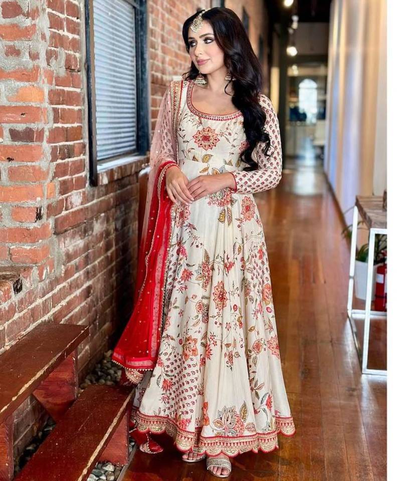Cream faux georgette digital print flared gown set