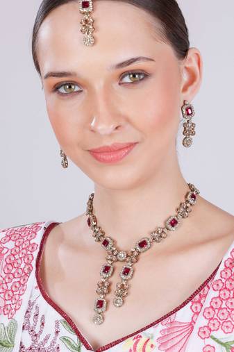 Pink yellow gold premium designer american diamond and stone work necklace set