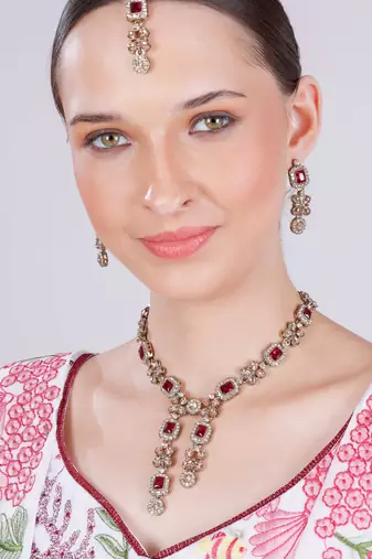 Pink yellow gold premium designer american diamond and stone work necklace set