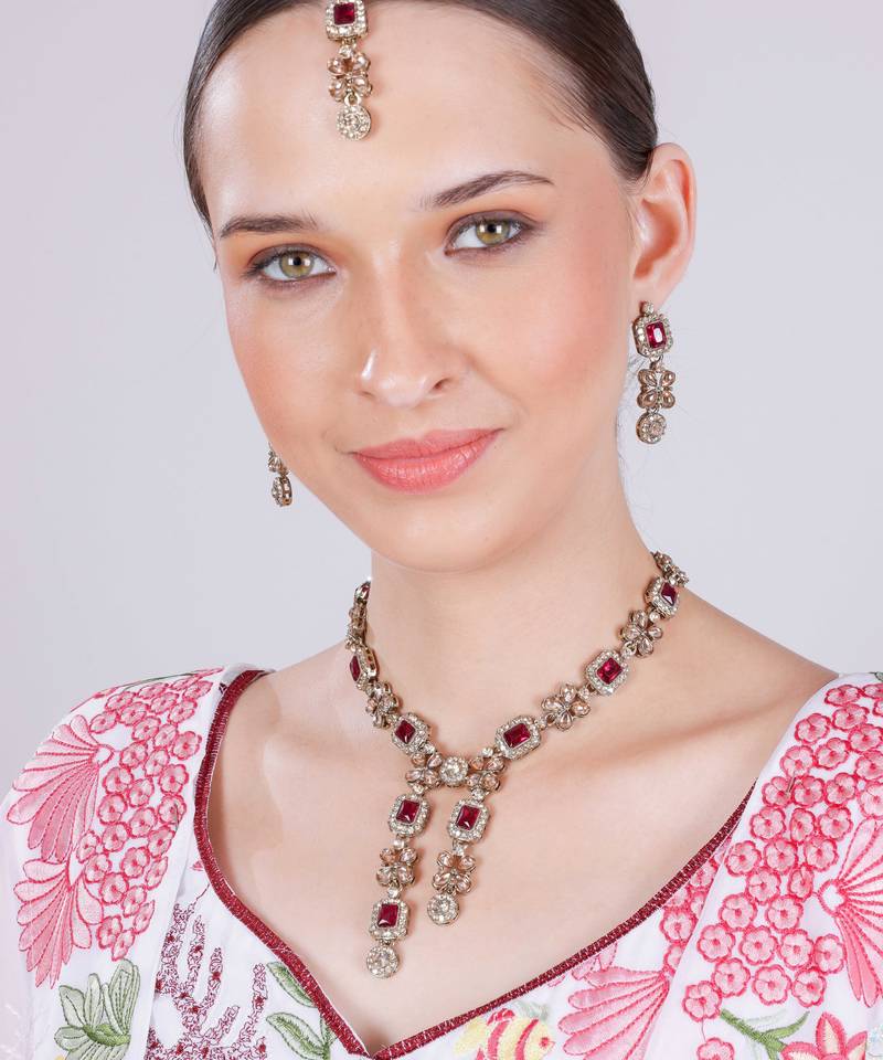 Pink yellow gold premium designer american diamond and stone work necklace set