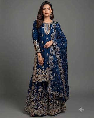 Blue silk blend embroidered sharara set 1