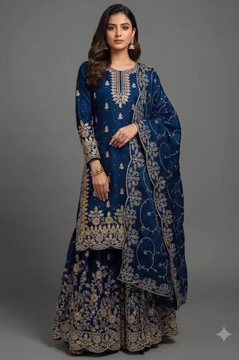 Blue silk blend embroidered sharara set