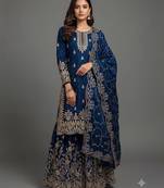 Blue silk blend embroidered sharara set