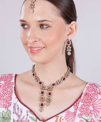 Pink yellow gold premium designer american diamond and stone work necklace set 2