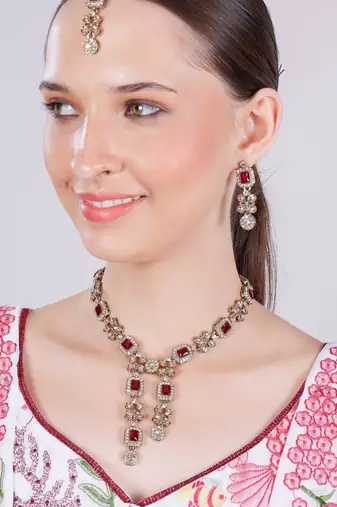 Pink yellow gold premium designer american diamond and stone work necklace set