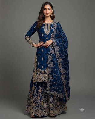 Blue silk blend embroidered sharara set 2