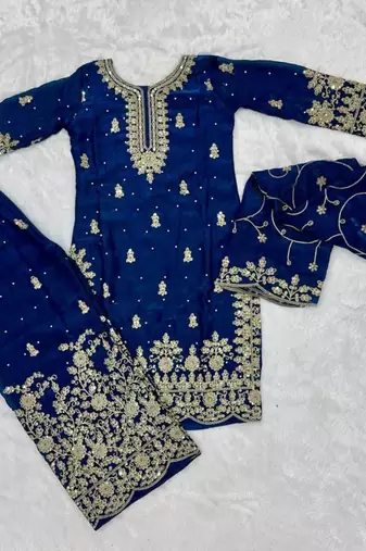 Blue silk blend embroidered sharara set
