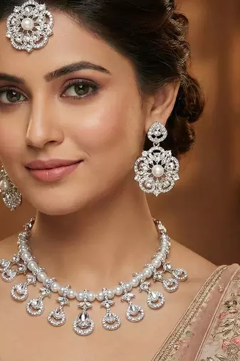 White rhodium premium designer american diamond and stone work necklace set